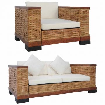 vidaXL Set de canapele cu perne, 2 piese, maro, ratan natural