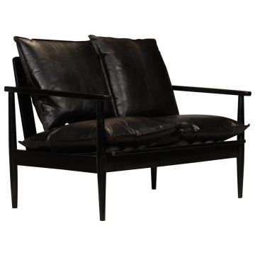 vidaXL Canapea cu 2 locuri, piele naturală cu lemn de acacia, negru