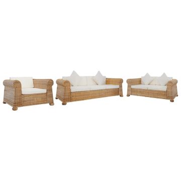 vidaXL Set de canapele cu perne, 3 piese, natural, ratan