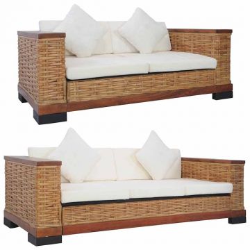 vidaXL Set canapele cu perne, 2 piese, maro, ratan natural