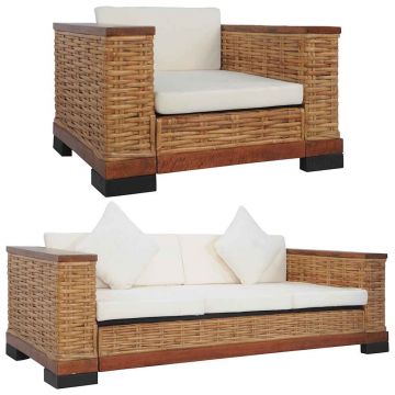 vidaXL Set de canapele cu perne, 2 piese, maro, ratan natural