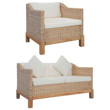 vidaXL Set de canapele cu perne, 2 piese, culoare naturală, ratan