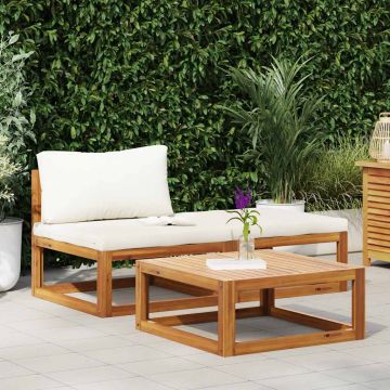 vidaXL Set mobilier de grădină, 3 piese, perne crem, lemn masiv acacia