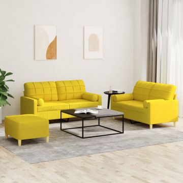 vidaXL Set de canapele cu perne, 3 piese, galben deschis, textil