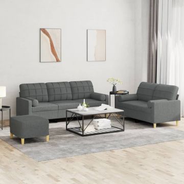 vidaXL Set de canapele cu perne, 3 piese, gri închis, textil