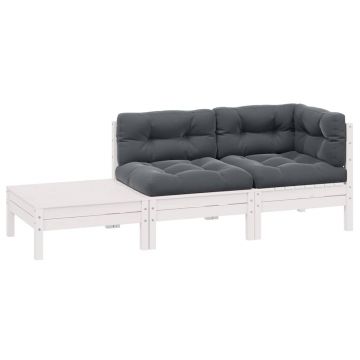 vidaXL Set mobilier de grădină cu perne, 3 piese, alb, lemn masiv pin