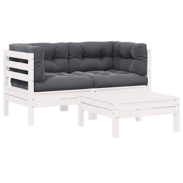 vidaXL Set mobilier de grădină cu perne, 3 piese, alb, lemn masiv pin