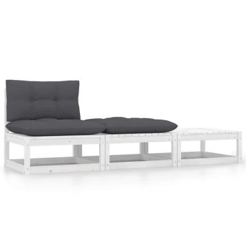 vidaXL Set mobilier de grădină cu perne, 3 piese, alb, lemn masiv pin