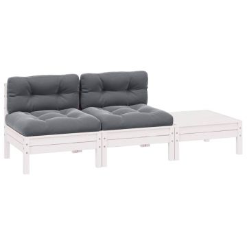 vidaXL Set mobilier de grădină cu perne, 3 piese, alb, lemn masiv pin