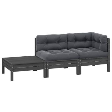 vidaXL Set mobilier de grădină cu perne, 3 piese, gri, lemn masiv pin