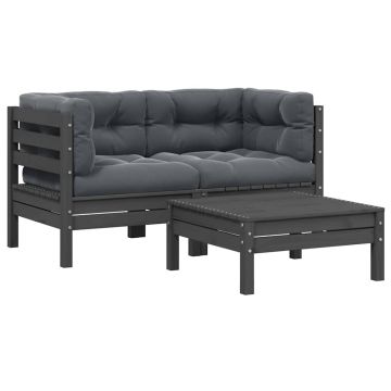 vidaXL Set mobilier de grădină cu perne, 3 piese, gri, lemn masiv pin