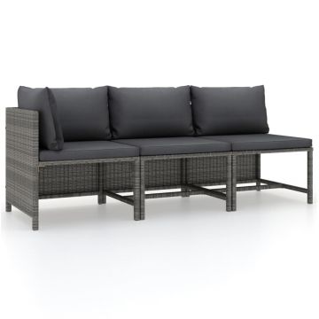 vidaXL Set mobilier de grădină cu perne, 3 piese, gri, poliratan
