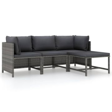 vidaXL Set mobilier de grădină cu perne, 4 piese, gri, poliratan