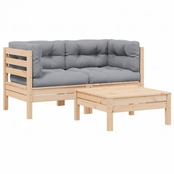 vidaXL Set mobilier de grădină cu perne gri, 3 piese, lemn masiv pin