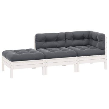 vidaXL Set mobilier grădină cu perne, 3 piese, alb, lemn masiv pin