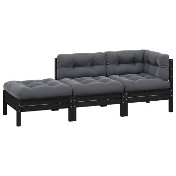 vidaXL Set mobilier grădină cu perne, 3 piese, negru, lemn masiv pin