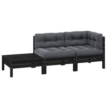 vidaXL Set mobilier grădină cu perne, 3 piese, negru, lemn masiv pin