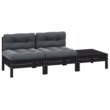 vidaXL Set mobilier grădină cu perne, 3 piese, negru, lemn masiv pin
