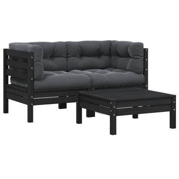 vidaXL Set mobilier grădină cu perne, 3 piese, negru, lemn masiv pin