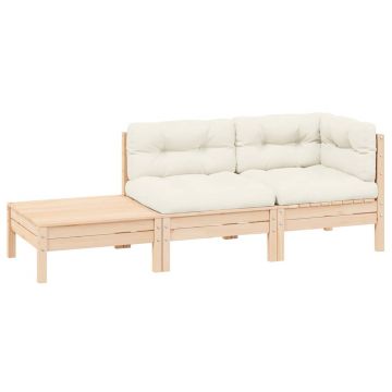 vidaXL Set mobilier grădină cu perne crem, 3 piese, lemn masiv de pin