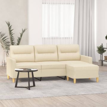 vidaXL Canapea cu 3 locuri cu taburet, crem, 180 cm, material textil