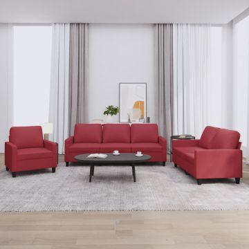 vidaXL Set de canapele cu perne, 3 piese, roșu vin, piele ecologică