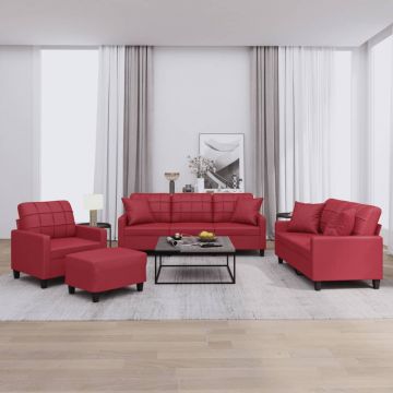 vidaXL Set de canapele cu perne, 4 piese, roșu vin, piele ecologică
