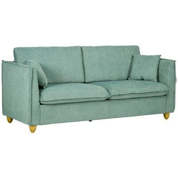 HOMCOM Canapea 3 Locuri din Tesatura, Canapea Capionata Stil Vintage cu Perne si Picioare din Lemn, 144x77x81cm, Verde | Aosom Romania