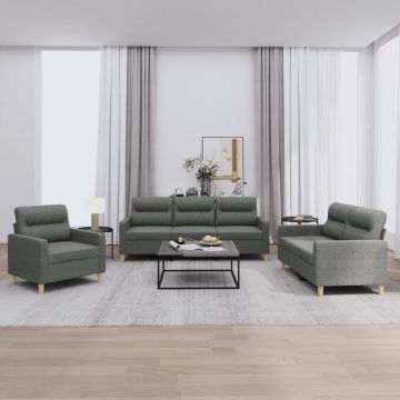 vidaXL Set de canapele cu perne, 3 piese, gri închis, textil