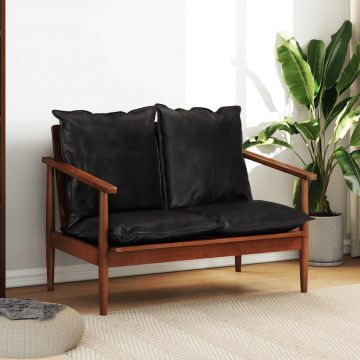 vidaXL Canapea cu 2 locuri, negru, piele naturală & lemn masiv acacia