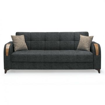 Canapea ZETA extensibila, 3 locuri, cu arcuri si lada depozitare, gri inchis + maro, 225x84x85 cm