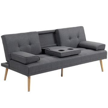 HOMCOM Canapea Extensibilă cu 3 Locuri, 2 Cotiere Detașabile, Covoraș Antiderapant și Imitație In și Lemn, 181x77x72 cm, Gri Închis | Aosom Romania