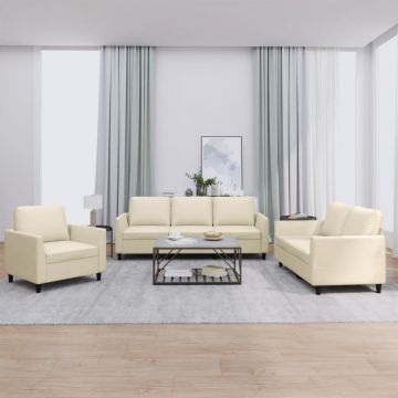 vidaXL Set de canapele cu perne, 3 piese, crem, piele ecologică