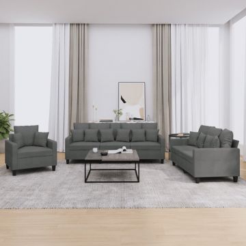 vidaXL Set de canapele cu perne, 3 piese, gri închis, textil
