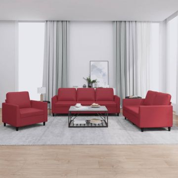 vidaXL Set de canapele cu perne, 3 piese, roșu vin, piele ecologică
