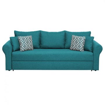 Canapea SARA II extensibila, 3 locuri, cu lada depozitare, turcoaz + print MZT bleu, 235x90x75 cm