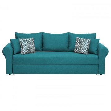 Canapea SARA II extensibila, 3 locuri, cu lada depozitare, turcoaz + print MZT bleu, 235x90x75 cm
