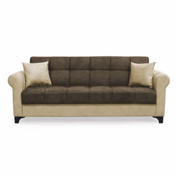 Canapea SALLY extensibila, 3 locuri, cu arcuri si lada depozitare, maro + bej, 215x80x83 cm