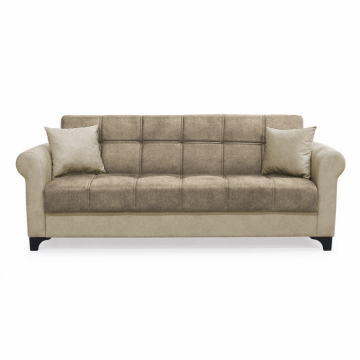 Canapea SALLY extensibila, 3 locuri, cu arcuri si lada depozitare, maro + bej, 215x80x83 cm