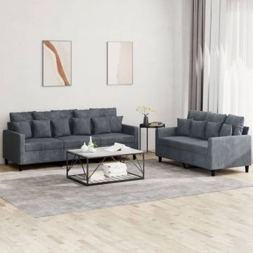 vidaXL Set de canapele cu perne, 2 piese, gri închis, catifea