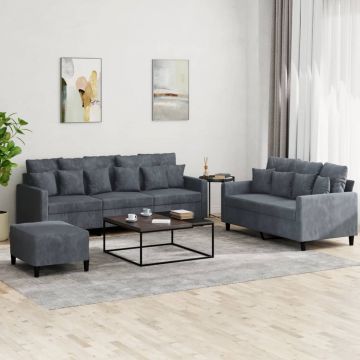 vidaXL Set de canapele cu perne, 3 piese, gri închis, catifea