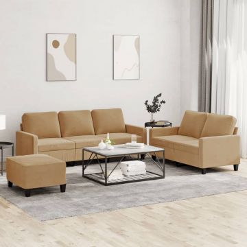 vidaXL Set de canapele cu perne, 3 piese, maro, catifea