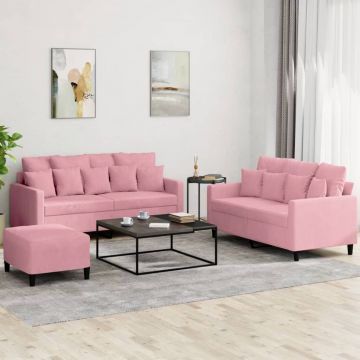 vidaXL Set de canapele cu perne, 3 piese, roz, catifea