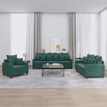 vidaXL Set de canapele cu perne, 3 piese, verde închis, catifea