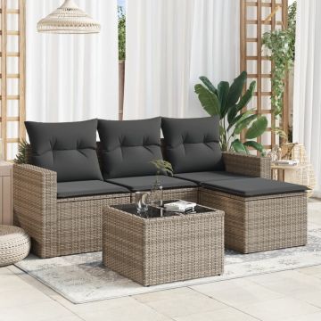 vidaXL Set canapea de grădină cu perne, 5 piese, gri, poliratan