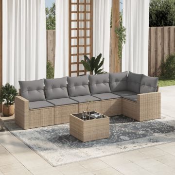 vidaXL Set canapele de grădină, 7 piese, cu perne, bej, poliratan