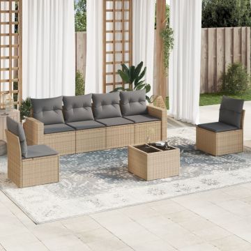 vidaXL Set canapele de grădină, 7 piese, cu perne, bej, poliratan
