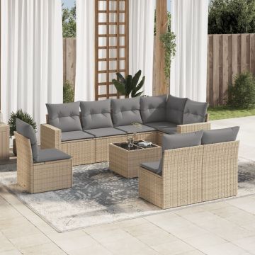 vidaXL Set canapele de grădină, 9 piese, cu perne, bej, poliratan