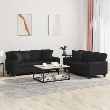 vidaXL Set de canapele cu perne, 2 piese, negru, piele ecologică