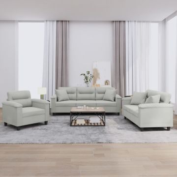 vidaXL Set de canapele cu perne, 3 piese, gri deschis, microfibră